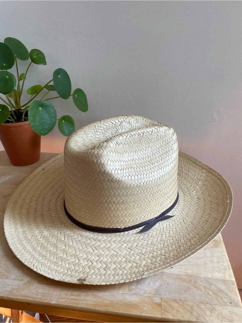 Vintage Mexican Woven Palm Leaf Straw Cowboy Sun Hat